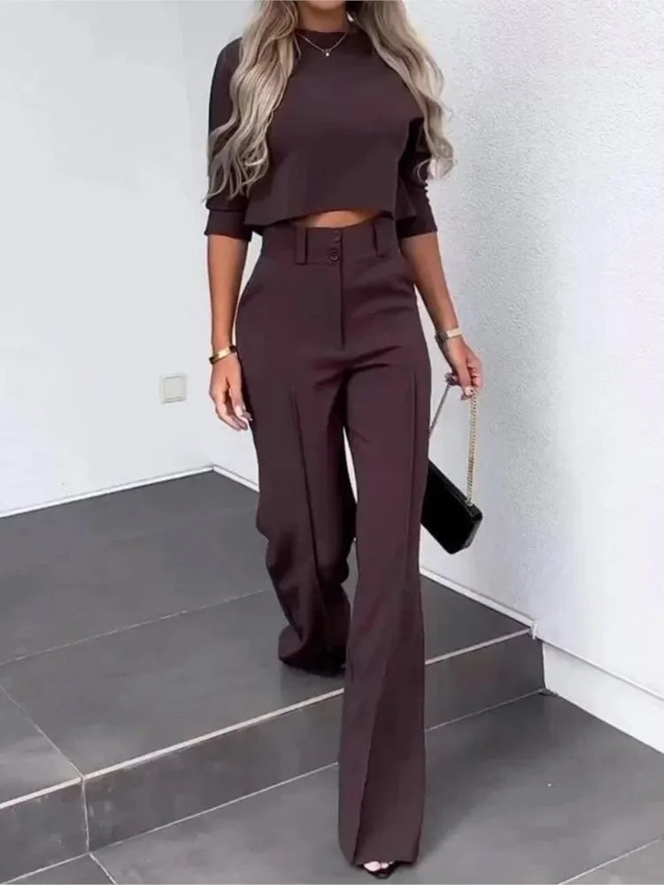 Elegant Office Lady Suits Fashion Solid Color Two Piece Set For Women Casual Crop Top+high Waist Pants Women's Sets  Autumn