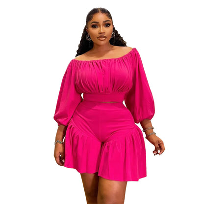 CM.YAYA Plus Size Women's Set Long Sleeve Slash Neck T-Shirt and Shorts  Summer Ruched Two 2 Piece Set Outfits Tracksuit