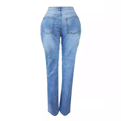 CM.YAYA Women Fashion Pearl Beading Ripped Hollow Out Tassel Wide Leg Jeans  New Summer INS Street Denim Pants Trousers