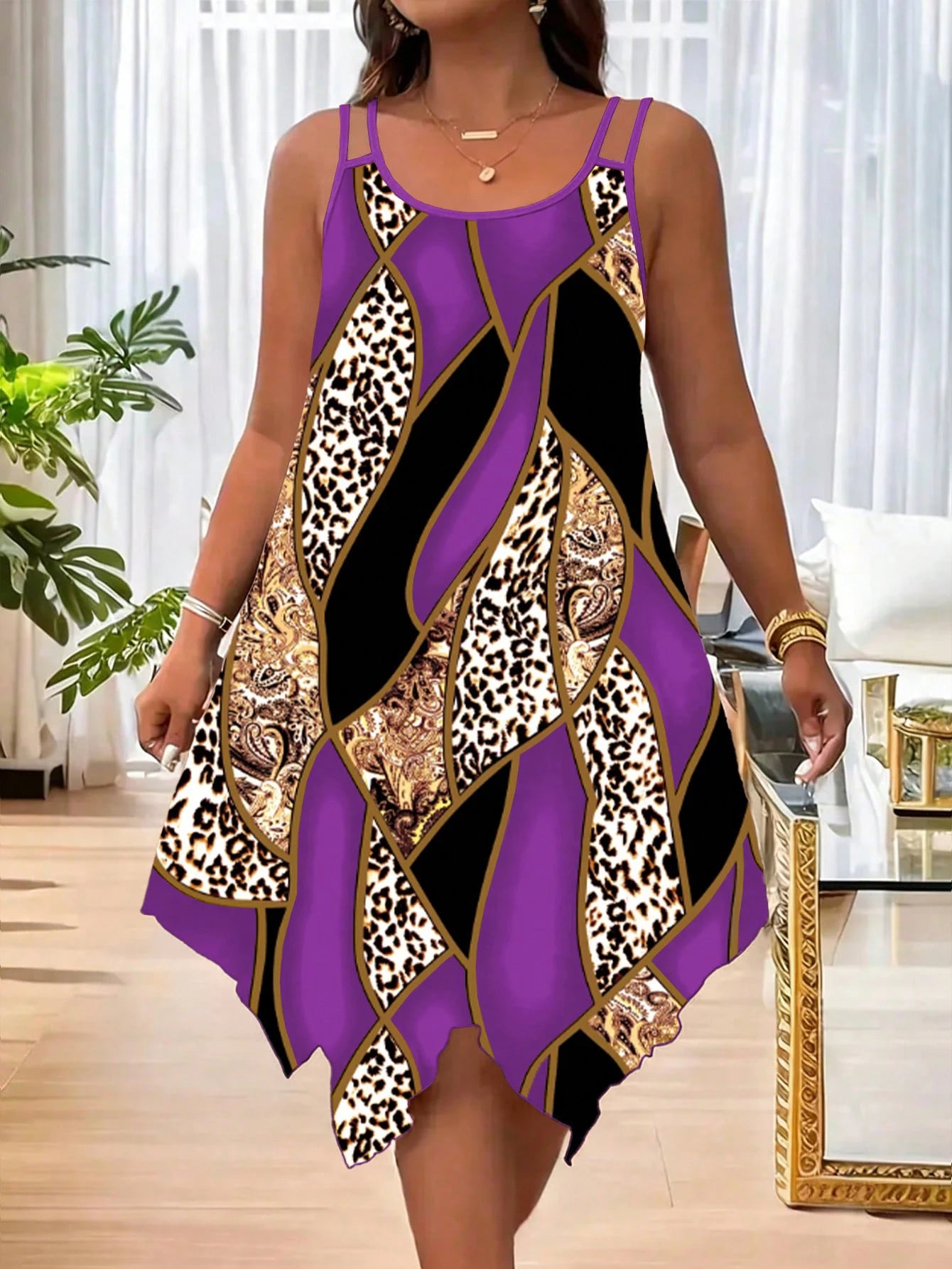 Plus-size women's fashion asymmetrical geometric stripes printed double strap dress