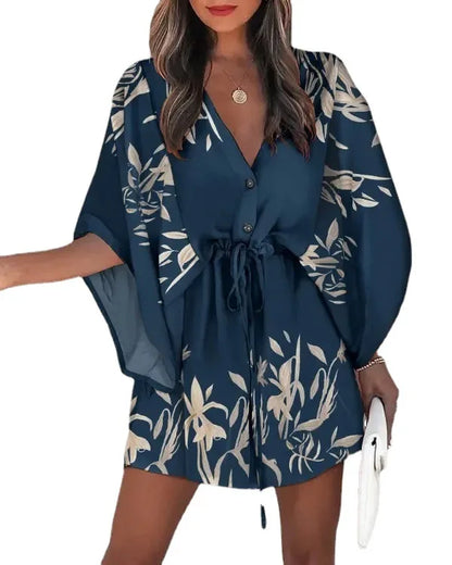 Summer Dress For Women  New Floral Print Bat Half-Sleeve V-Neck Ruffle Irregular Hem Female Dress Casual Boho Women Clothes