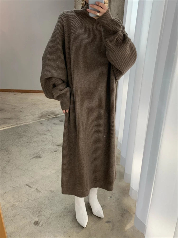 Women Dress Sweater Women Dress Thick Winter Fall Long Sleeve Knitted Dresses Maxi Vintage Oversize Knitting Turtleneck Black