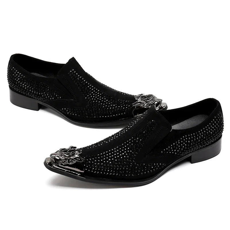 Neu eingetroffen: rote spitze Herren-Lederschuhe aus echtem Leder mit Metallspitze und Kristall, handgemacht, modische Friseurschuhe