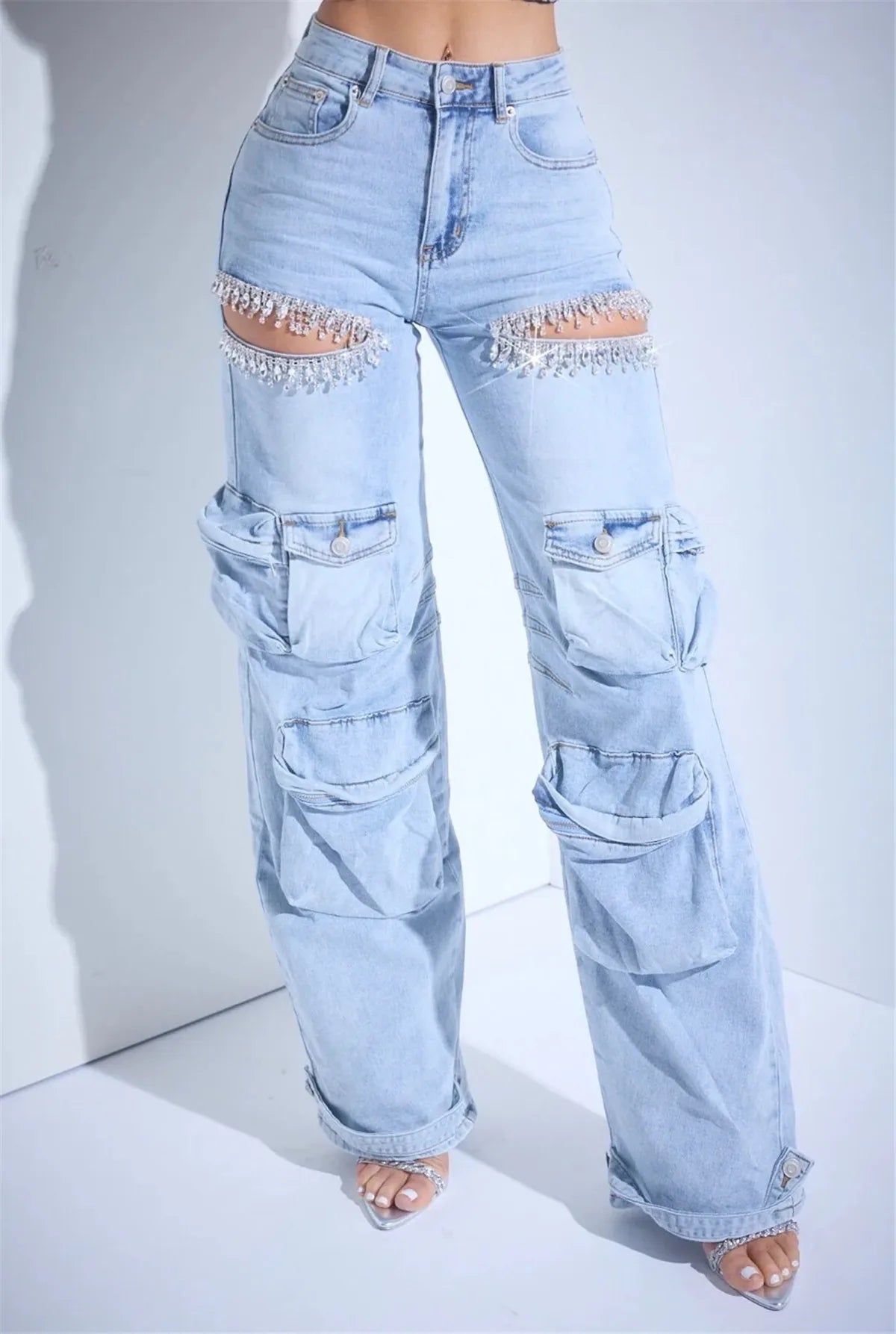 CM.YAYA Women Cutout Diamonds Crystal Hollow Out Straight Denim Pants  Fall Multi Pocket High Waist Wide Leg Jeans Trousers