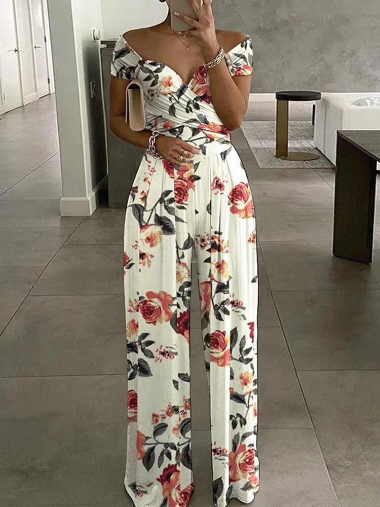 Sexy Outfit Off Shoulder Print Wide Leg Jumpsuit Women 2023 Summer Casual Boho Casual High Waist Jumpsuits Clothes Overalls