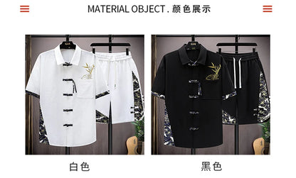 Summer Sets Men Fashion Print Short Sleeved Shirt Shorts Two-piece Men Chinese style Loose Set Mens Short Sets