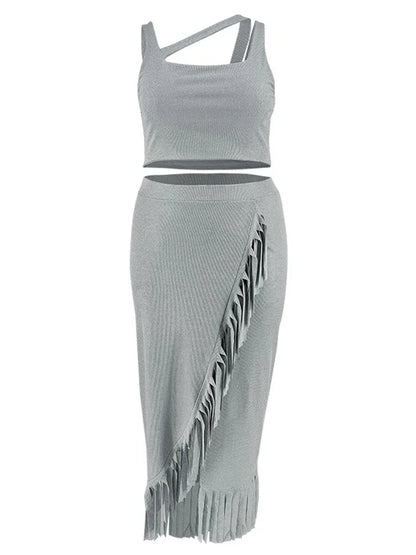 Wmstar Plus Size Two Piece Set Women Summer Sexy Crop Top Long Skirt Sets Tassel Casual Matching Suit Wholesale Drop Shipping