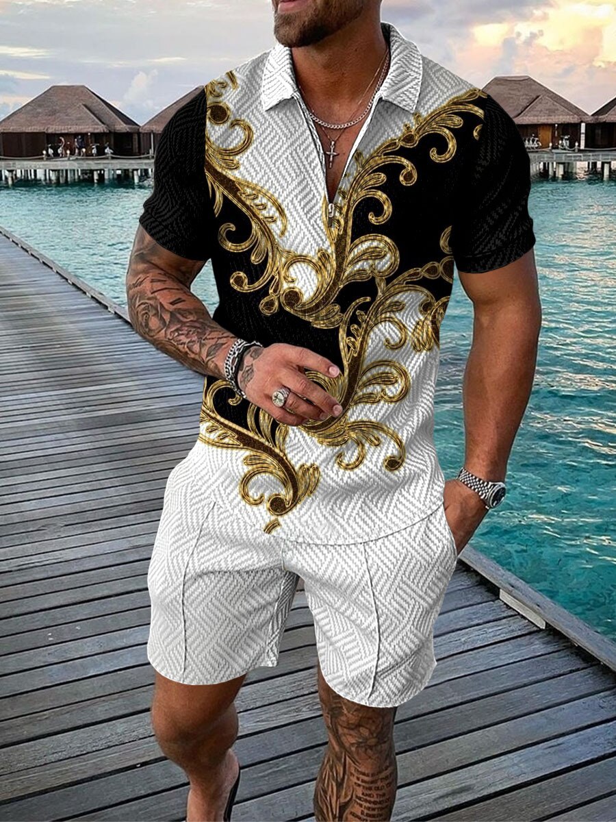 Men Casual Print Outfit 2-Piece Set Short Sleeve Shirt and Shorts Set Tracksuit High Quality Clothing M-3XL For Free Shipping