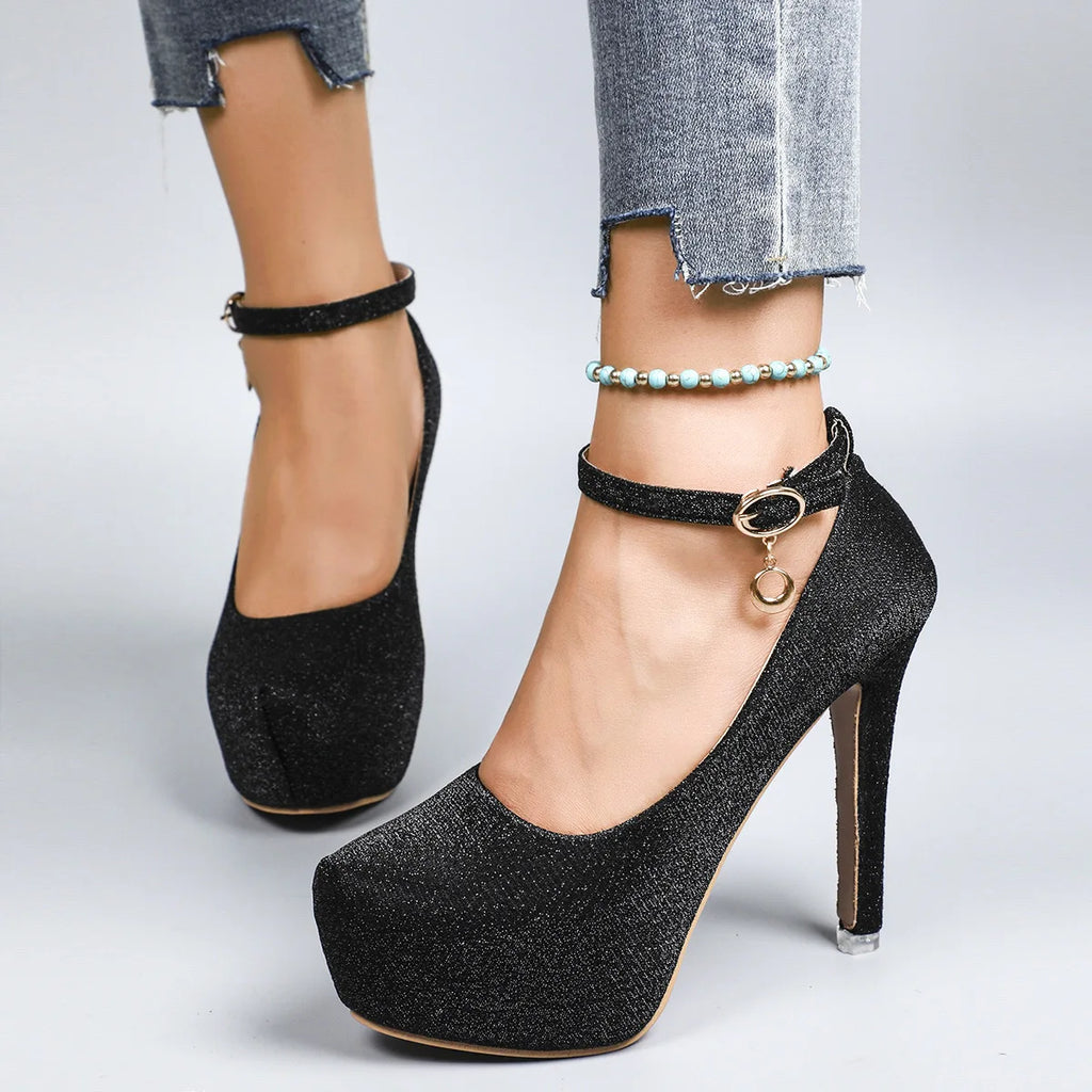 Women's High Heels  New Style Semi-Uppered Thin Heel Waterproof Platform Buckle Fashion Shoes Large Size Strap Shoes