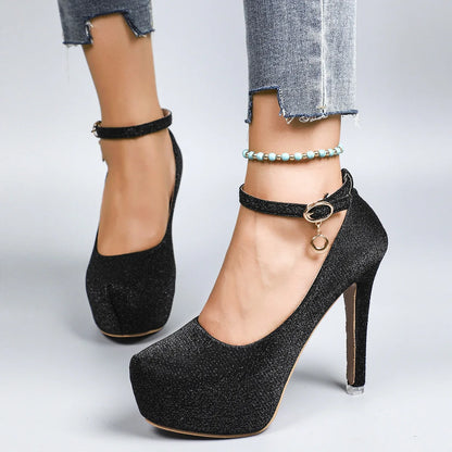 Women's High Heels  New Style Semi-Uppered Thin Heel Waterproof Platform Buckle Fashion Shoes Large Size Strap Shoes
