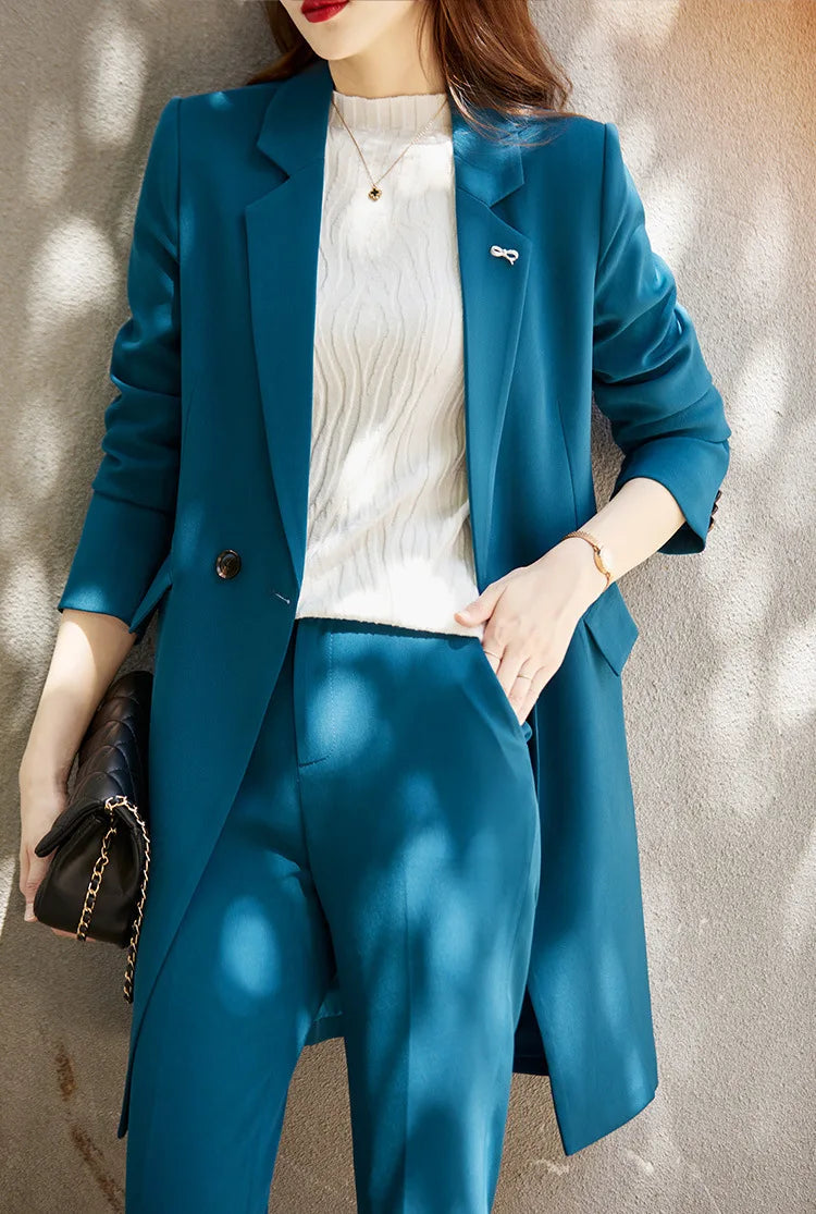 High End Office Professional Women's Blazer Pants 2-Piece Set Fall Fashion Long Female Jacket Over Business Suit Casual Trousers