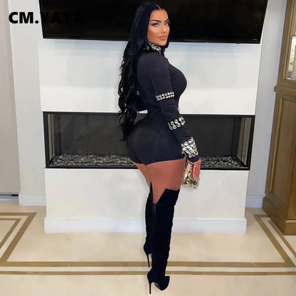 CM.YAYA Women Diamonds Hot Rhinestones Long Sleeve Short Jumpsuits  Summer Sexy Party Club One Piece Suit Rompers Playsuits