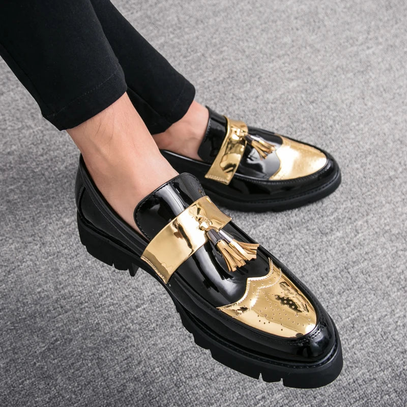 Fashion Golden Men's Casual Slip-On Tassel Patent Loafers Thick Bottom Elevator Shoes Men's Party Shoes Business Shoes Brogue