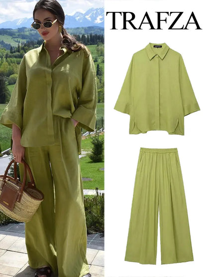 TRAFZA  Women 2 Piece Set Elastic Waist Pocket Folds Decorate Wide Leg Pants+Solid Single-Breasted Slit Hem Blouse Top