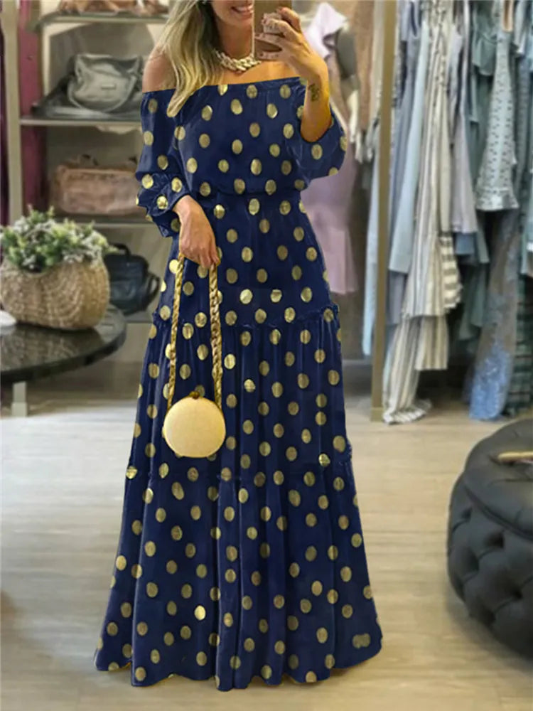 Oversized Loose Maxi Dress Women Sexy Slash Neck Off Shoulder Long Dress Female Solid Long Sleeve Ruffles Bohemian Casual Dress