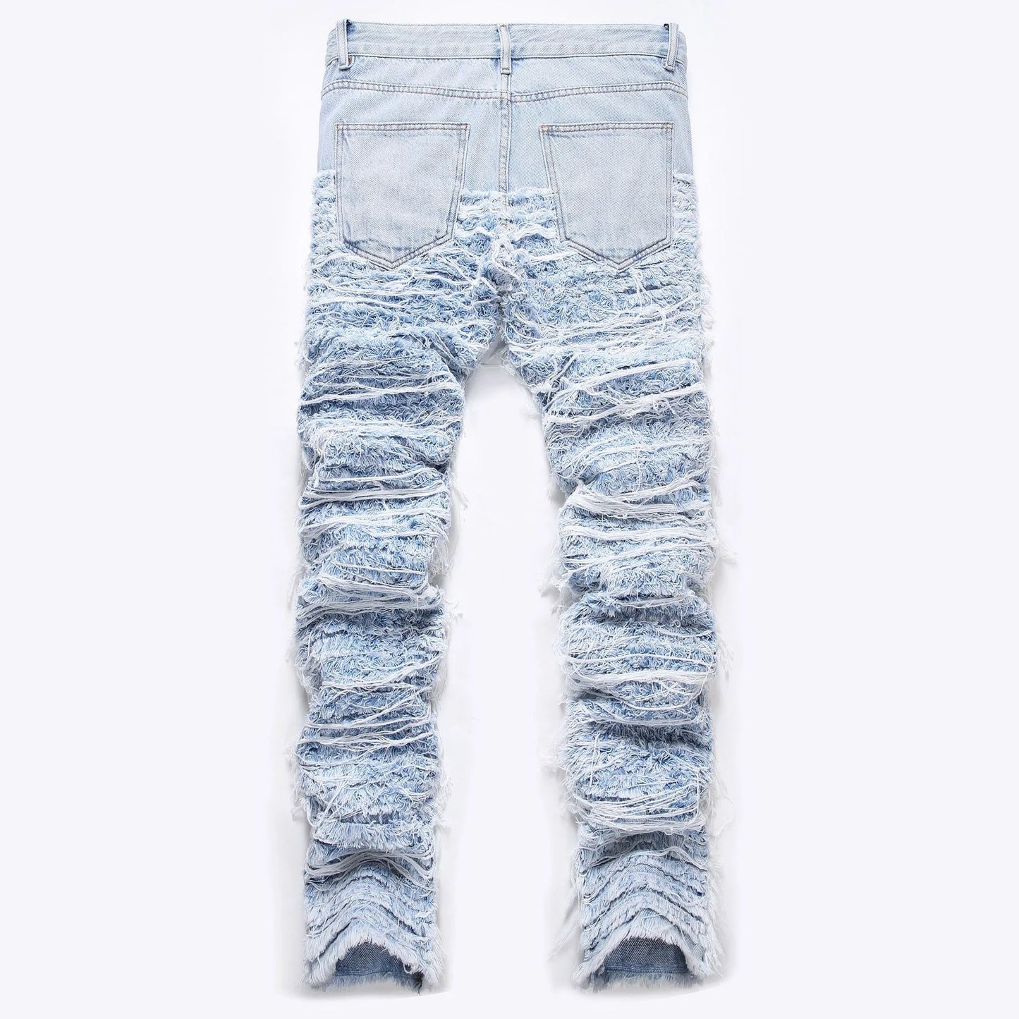 European Heavy Industrial Men Stacked Jeans Non-stretchy Straight Pants Frayed Tassel Denim Bottoms