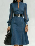 Streetwear Denim A-Line Dress Summer Women Tulle Puff Long Sleeve See Through V Neck Maxi Dresses Vintage Jean Dress With Belt