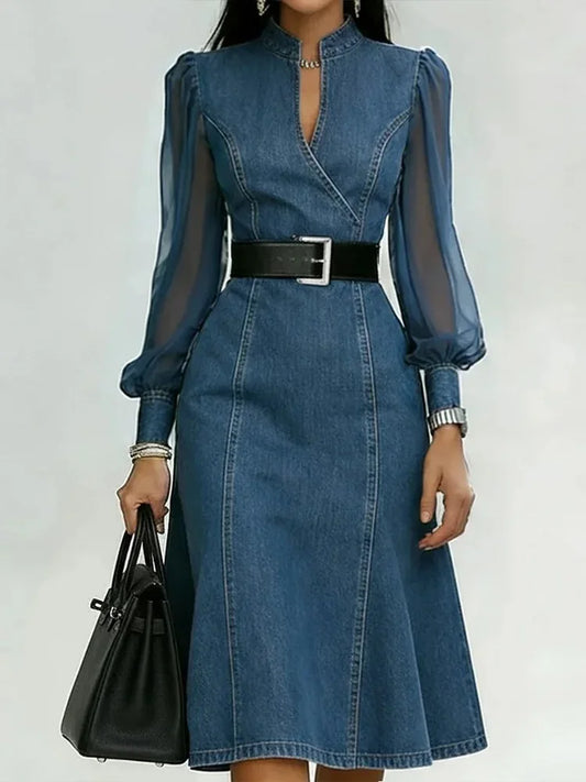 Streetwear Jeans A-Linien-Kleid Sommer Damen Tüll Puff Langarm Durchsichtig V-Ausschnitt Maxikleider Vintage Jeanskleid mit Gürtel