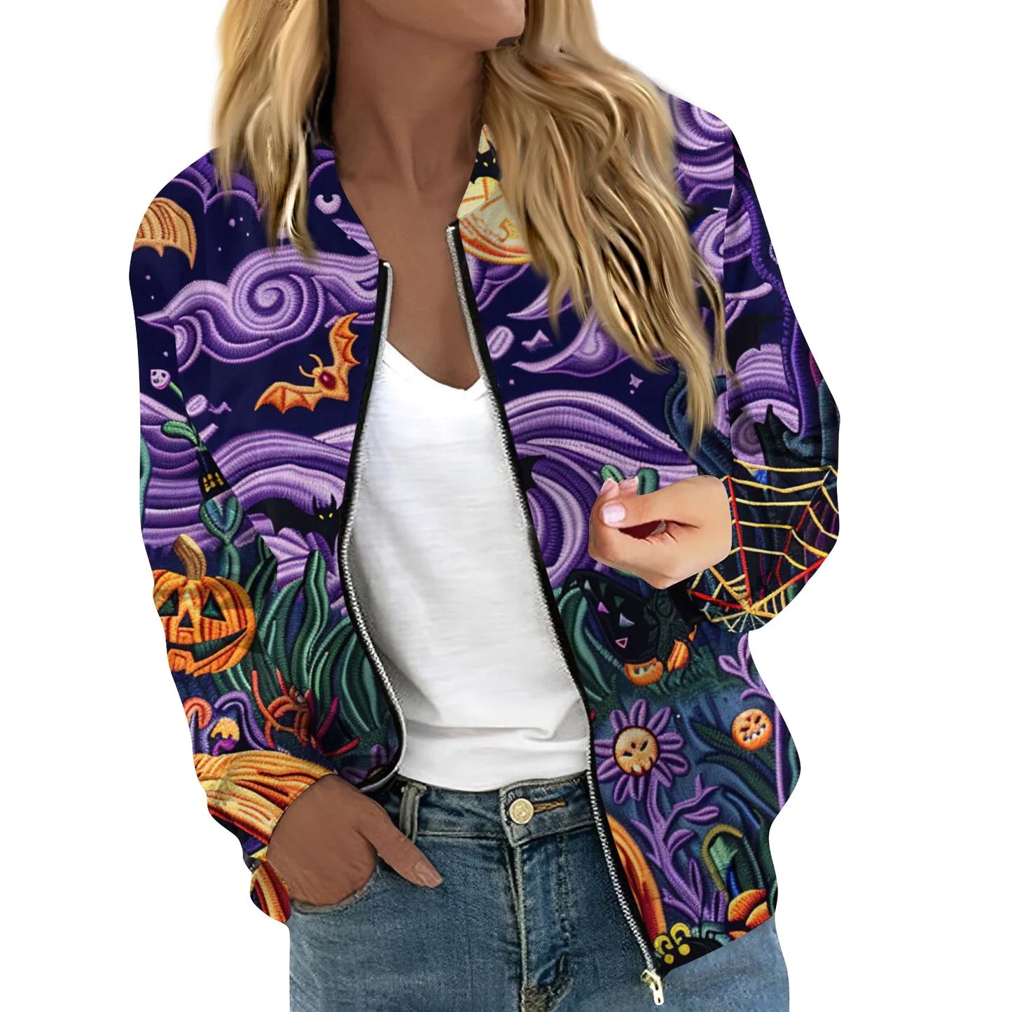 Women's Halloween Print Jacket Fashion Casual Long Sleeve O-Neck Zipper Jackets Top Fall all-match coat Women's autumn clothes