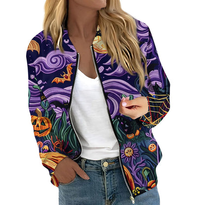 Women's Halloween Print Jacket Fashion Casual Long Sleeve O-Neck Zipper Jackets Top Fall all-match coat Women's autumn clothes