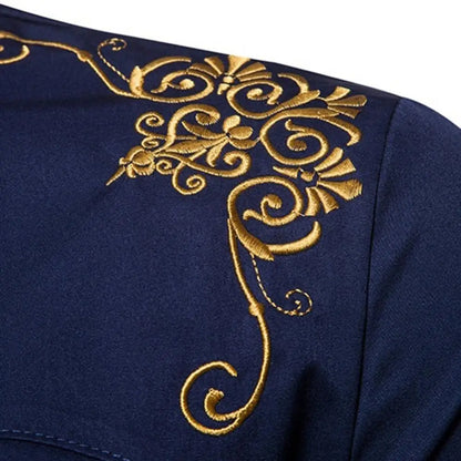 Black Gold Embroidery Shirt Men  Spring New Mens Dress Shirts Stand Collar Button Up Shirts Chemise Homme Camisa Masculina