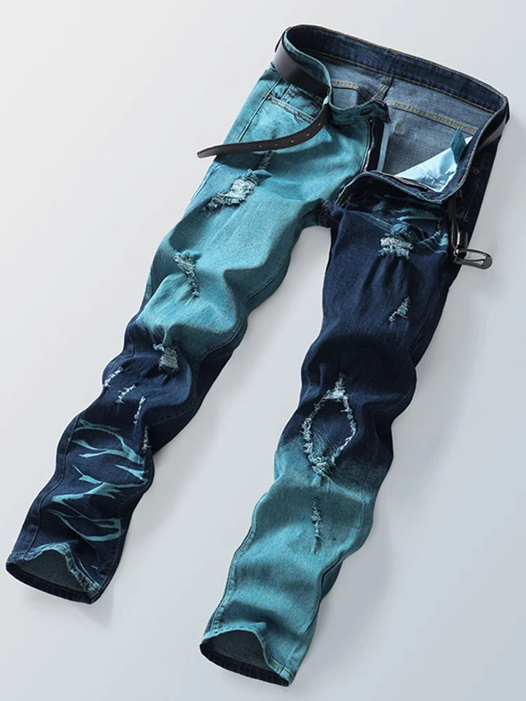 Men's Gradient Color Hole Denim Pants High Street Spliced Vintage Long Trousers Trendy Straight Leg Pants