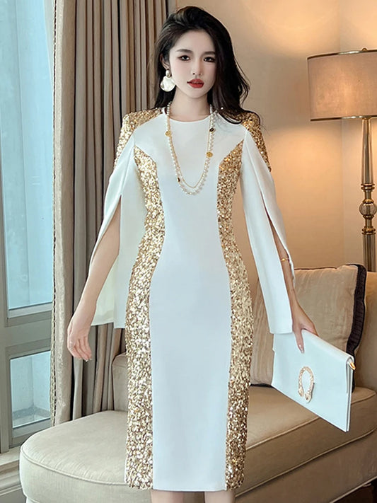 Exquisite Host Banquet Evening Dress Women 2023 Luxury Style Gold Sequins White Slim Robe Femme Party Prom Vestidos Catwalk Gown