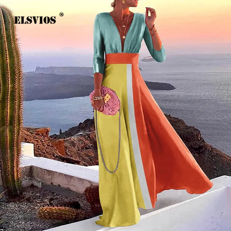 Sexy Deep V-neck Slim Dress Lady New Fashion Elegant Printed Beach Long Dress 2023 Spring Summer For Women Party Dresses Vestido