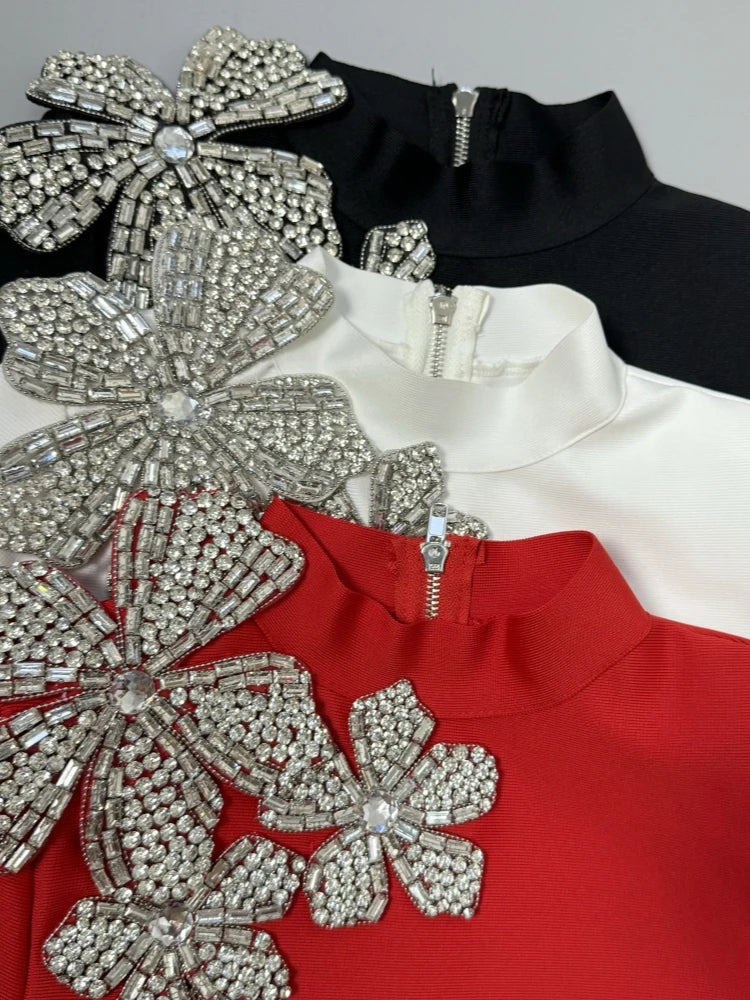 Sexy Long Sleeves Bandage 2-Piece Sets Women Turtleneck Shiny Diamonds Flower Top + Bodycon Mini  Skirts Suits Evening Party Set