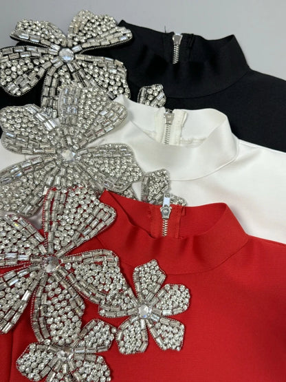 Sexy Long Sleeves Bandage 2-Piece Sets Women Turtleneck Shiny Diamonds Flower Top + Bodycon Mini  Skirts Suits Evening Party Set
