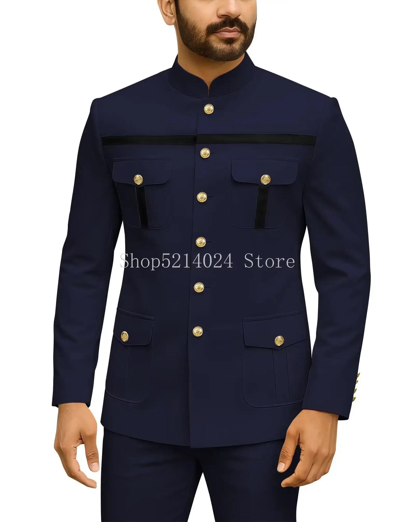 Herren Safari-Anzug 2-teilig Regular Fit Chinakragen Goldknopf Blazer Hose Set Afrikanische Outfits