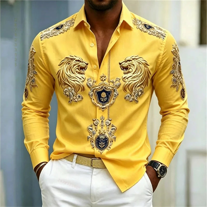 Men's shirt Baroque style shirt Lion head slim fit design long sleeved shirt Business casual street style men's clothing XS-6XL