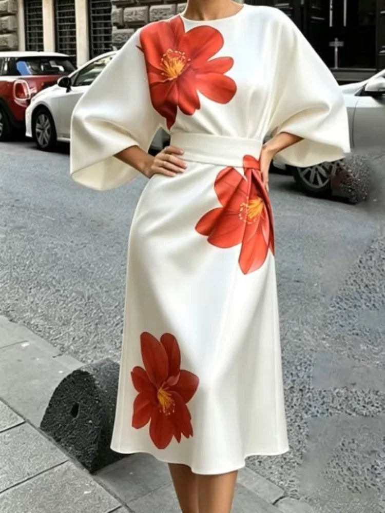2026 New Women's Elegant Tie-Dye Dress, Smooth Satin Round Neck with Puff Sleeves and High-Waisted Belt, Deep Red Floral Print, US Sizing, Shipped from US Warehouse, Fast Delivery, Luxurious Minimalist Spring/Summer Dress, Pe