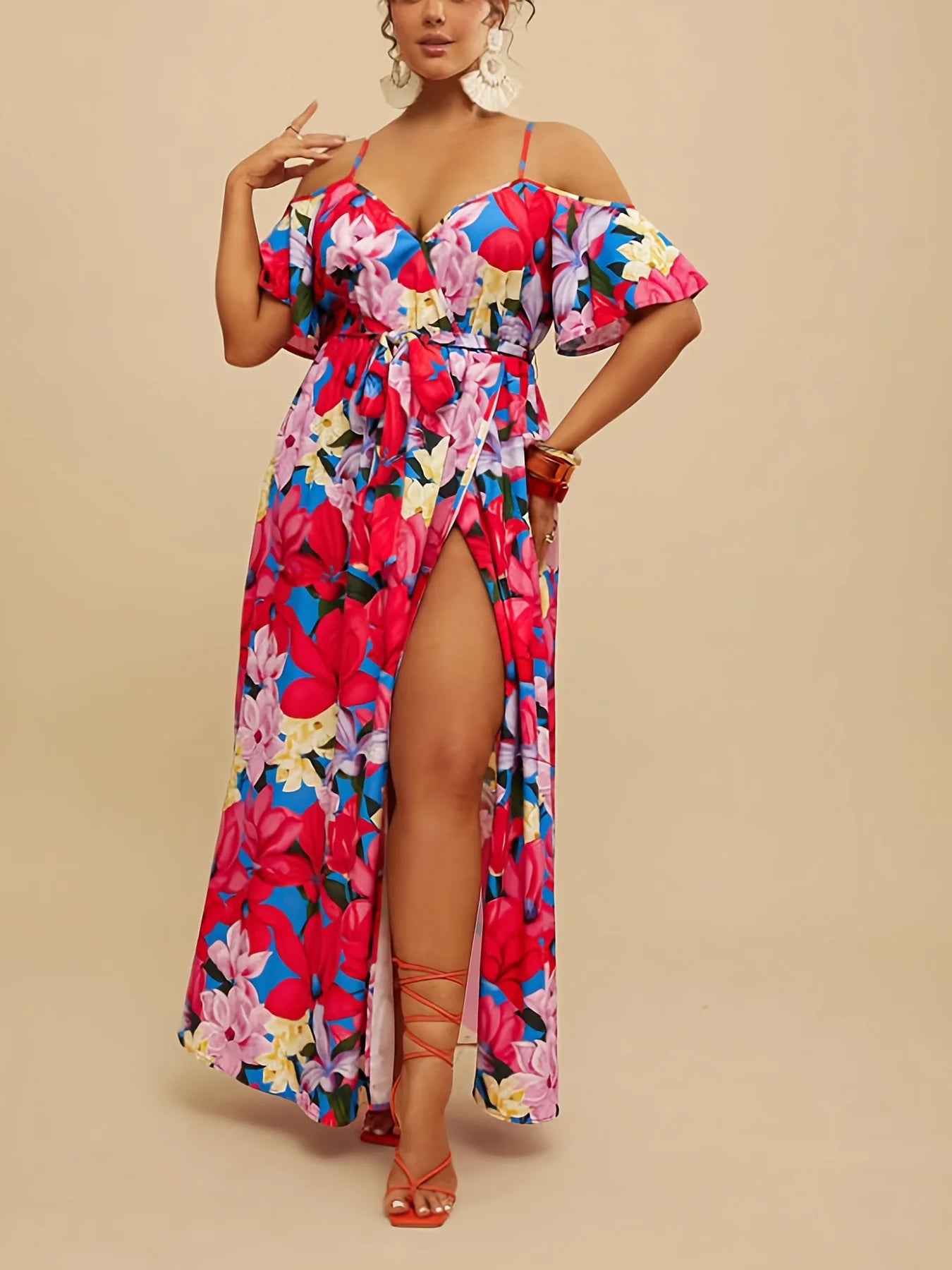 Summer New Elegant Short Sleeve Shoulder Bared Long Dress plus Size Casual Loose Waist Cinched Sexy Split Maxi Dress
