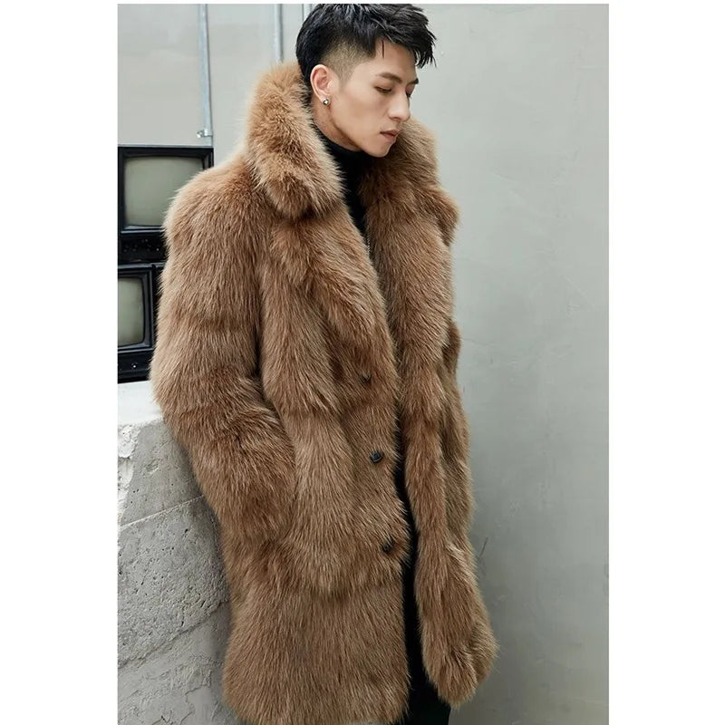 Tuscan Lambswool Faux Fur Coat Men Long Clothing Winter Imitation Fox Furry Trench Overcoat S-6XL