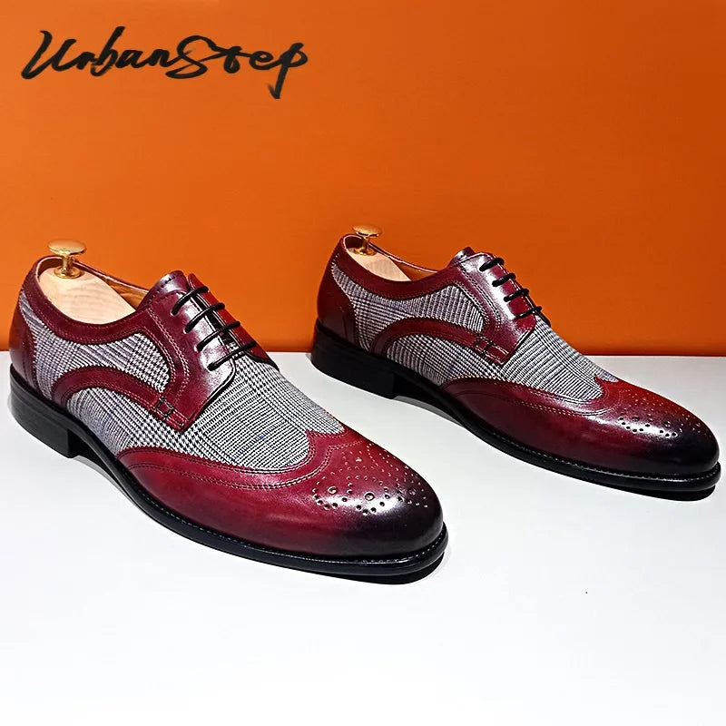 Luxury Men Derby Shoes Burgundy Lace up Pointed Toe Patchwork Striped Plaid Casual Mens Genuine Leather Dress Shoes Men