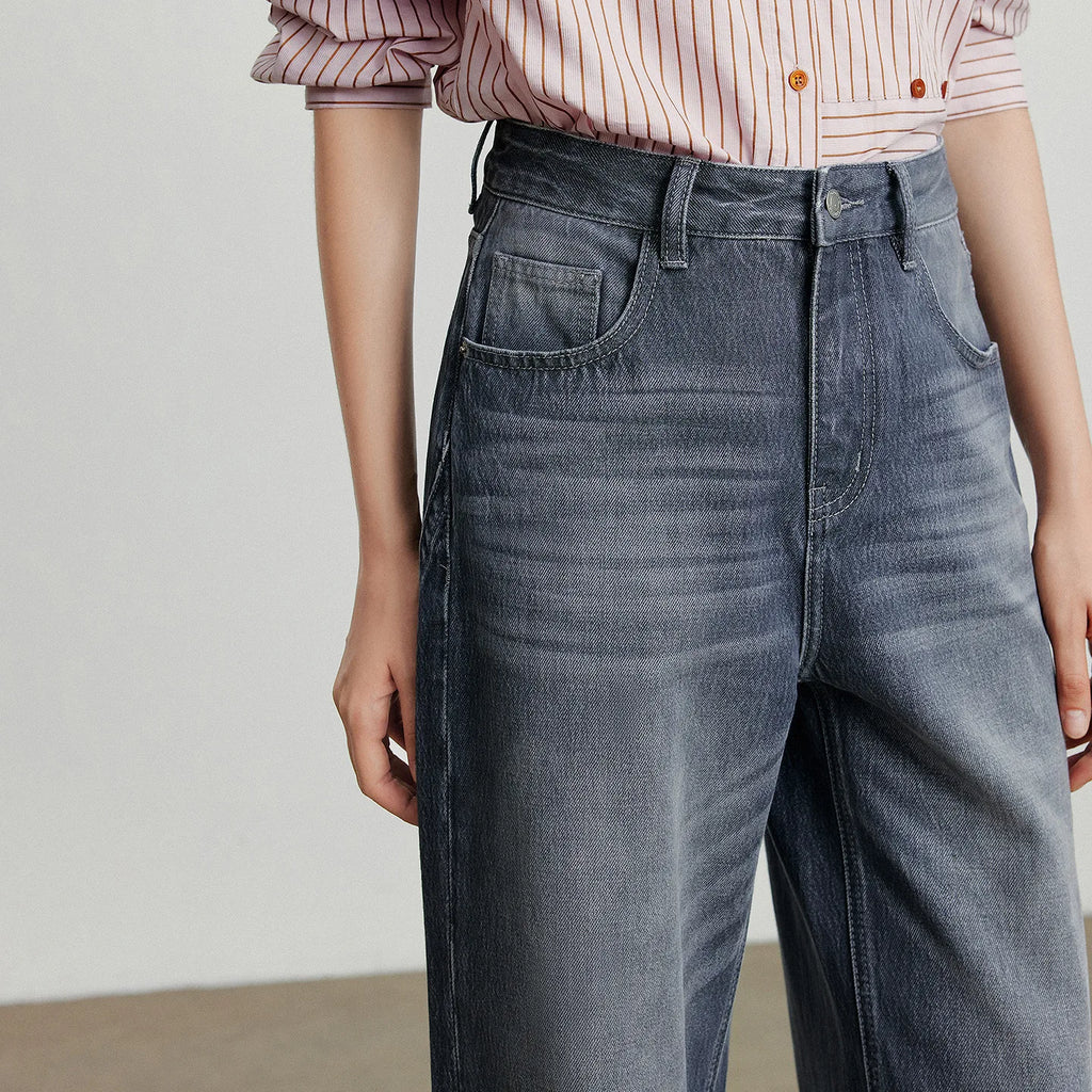 TOYOUTH Women Denim Jeans  Autumn New Cotton High Street Wide Leg Pants Gray