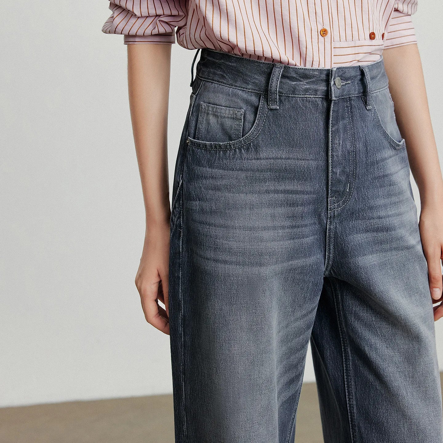 TOYOUTH Women Denim Jeans  Autumn New Cotton High Street Wide Leg Pants Gray