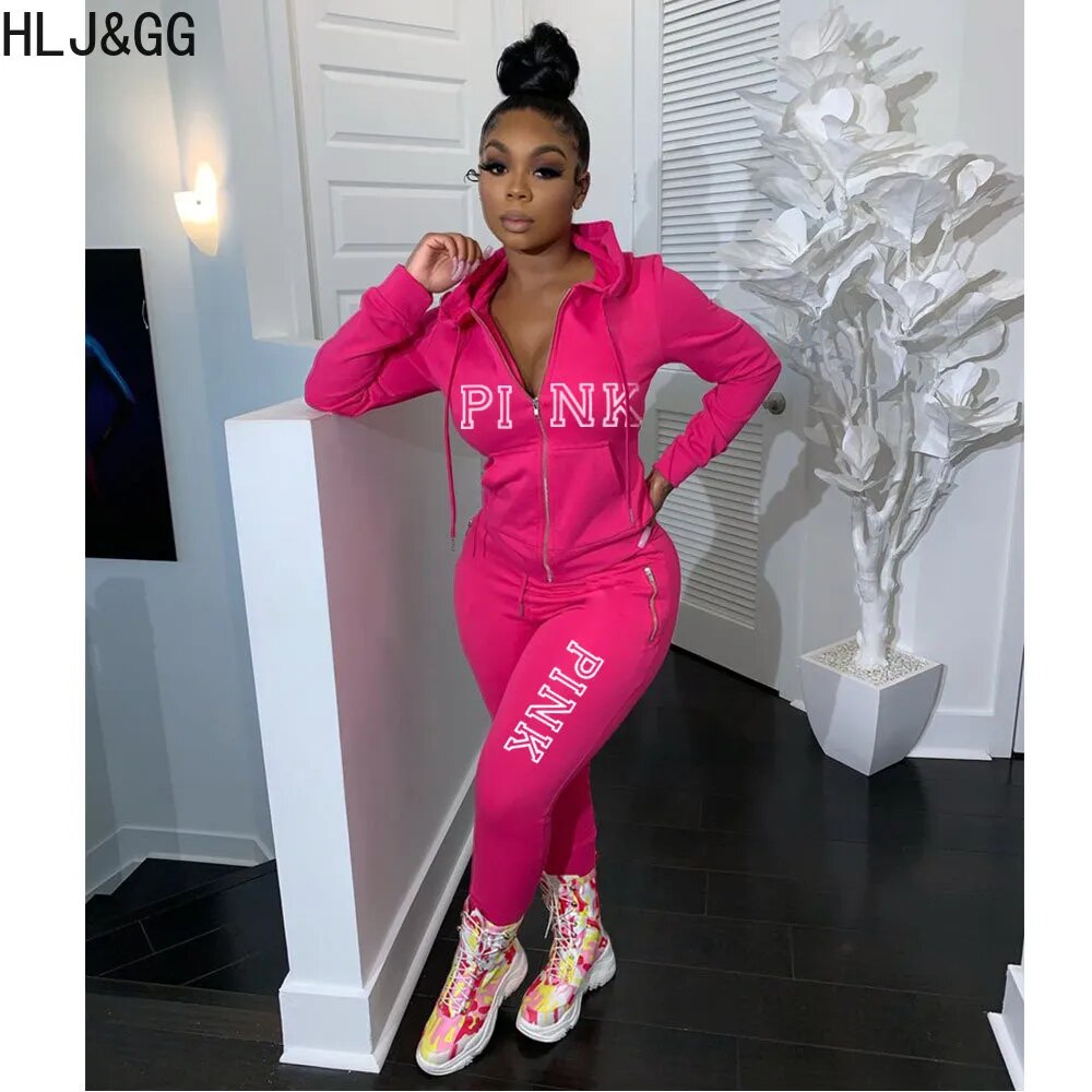 HLJ&GG Casual PINK Letter Print Two Piece Sets Women Outfits Fall Winter Hooded Zip Coat And Pants Tracksuits Female Sport Suits