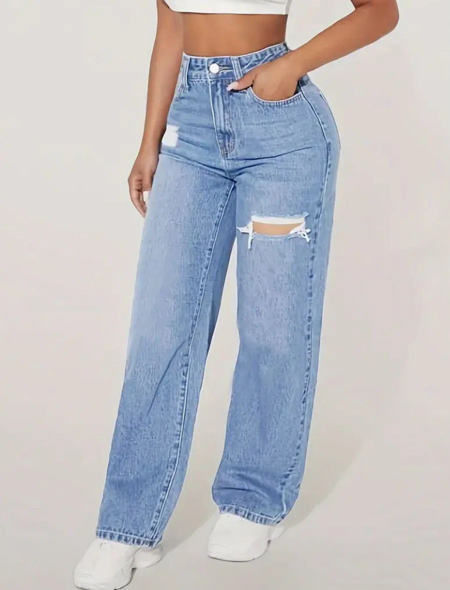 Mom Jeans Women Denim Pant Wide Leg Long Pants Hole High Waist Straight Trousers Y2k Streetwear Work Splice Casual  Punk