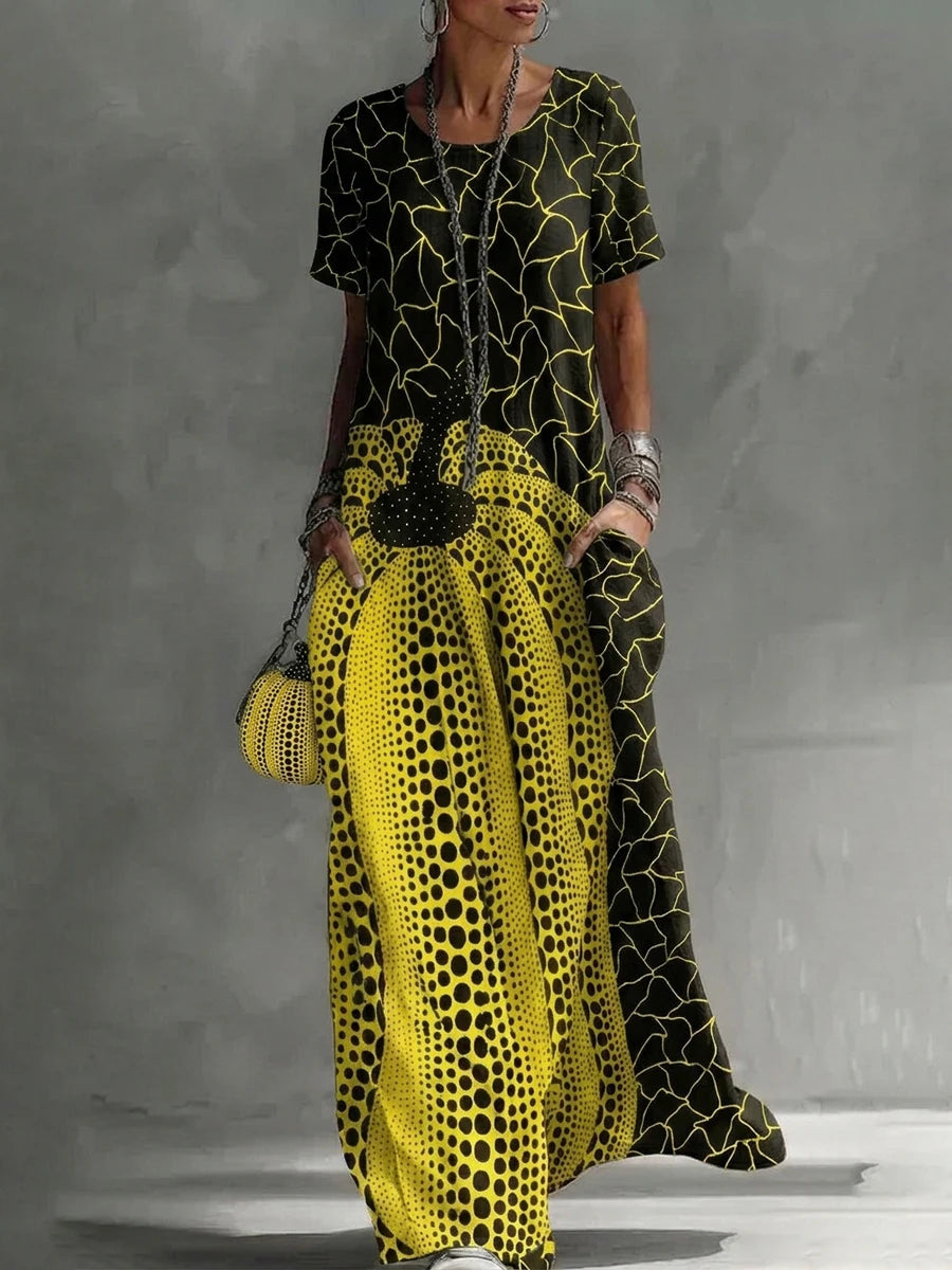 Freeacy 2026 Summer New Artistic Print Maxi Dress for Women Round Neck Short Sleeve Casual Party Dresses Vacation Sundress