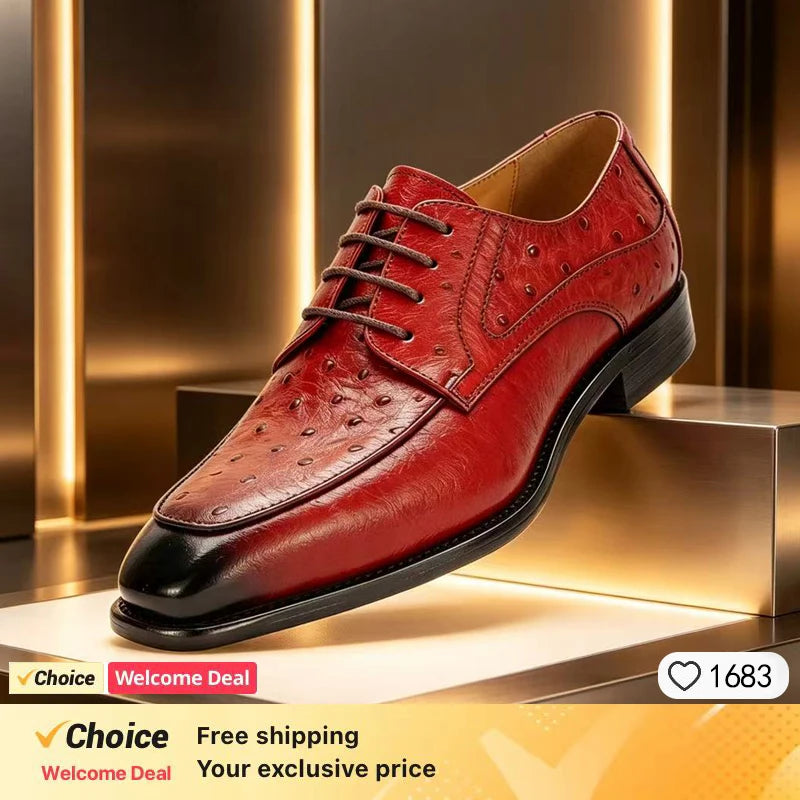 2026 new ostrich leather pattern men's genuine leather formal wear handmade cowhide Fashion casual business leather shoes