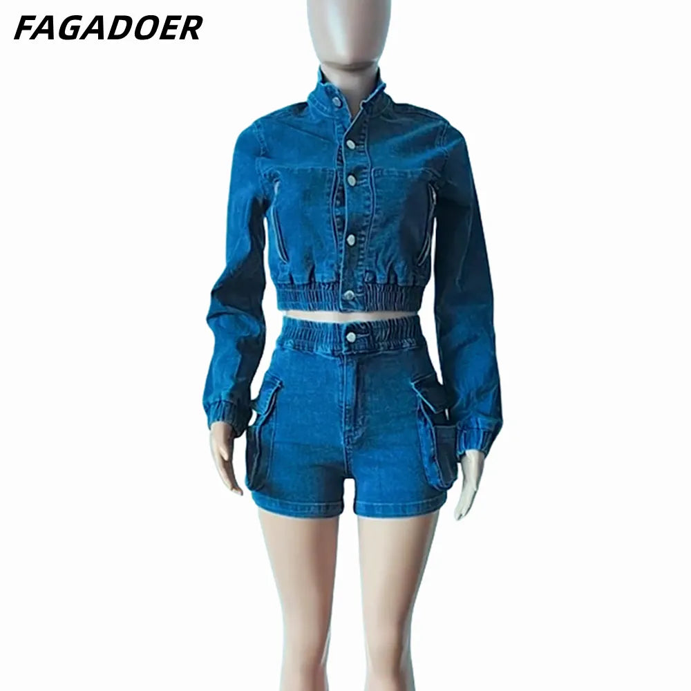 FAGADOER Fashion Denim Elastic Pocket Shorts Two Piece Sets Women Button Long Sleeve Crop Top And Shorts Outfits Female Clothing