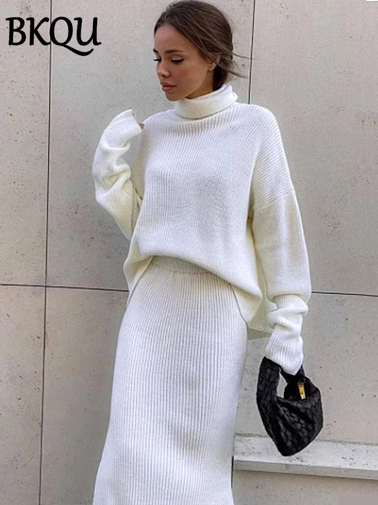 BKQU Knitted Dress Sets Women Loose Turtleneck Sweater Pullover And High Waist Long Skirt Two-Piece Set 2024 Fall Winter Outfits