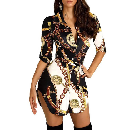 Autumn New Women's Dress Fashionable Sexy Gold Chain Slim Fit Printed Single Breasted Lace Up Waist Cinching Short Skirt