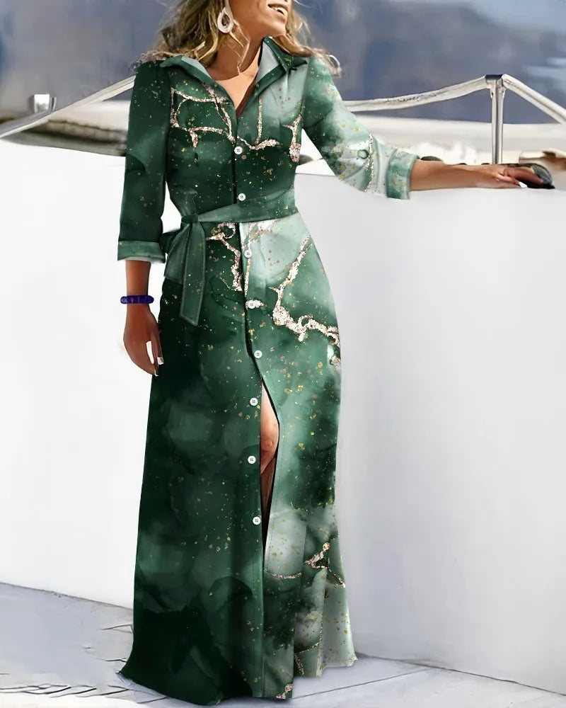 2024 Spring New Fashion Long Sleeved Print Lace-Up Shirt Dress For Women Turn Down Collar Single Breasted Maxi Dress Femme Robe