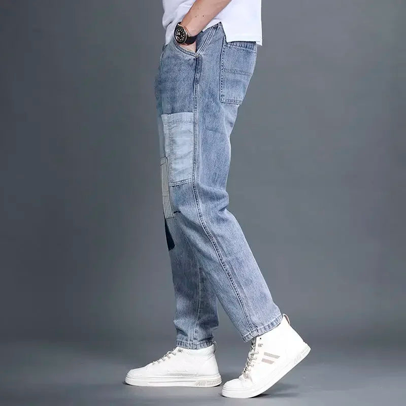 Male Cowboy Pants Aesthetic Jeans for Men Straight Trousers Spliced Light Blue Denim Casual Classic Korean Fashion Designer 2023