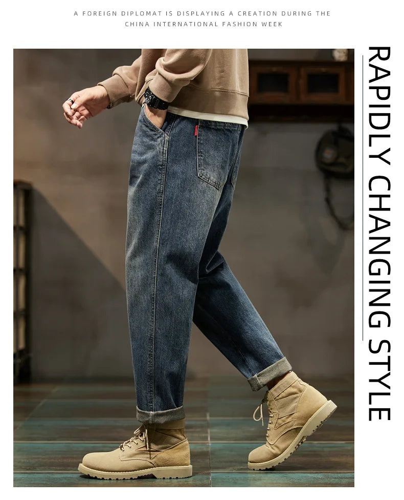 Autumn Winter New Vintage Loose Casual Straight Jeans Men Trend Fashion Harem Denim Pants All-match Trousers Y2K Male Clothes