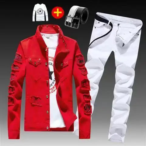 Frühling Herbst Herren Jeansjacke + Jeanshosen Set Mode Einreiher Mantel Hose Zweiteiliger Denim-Anzug