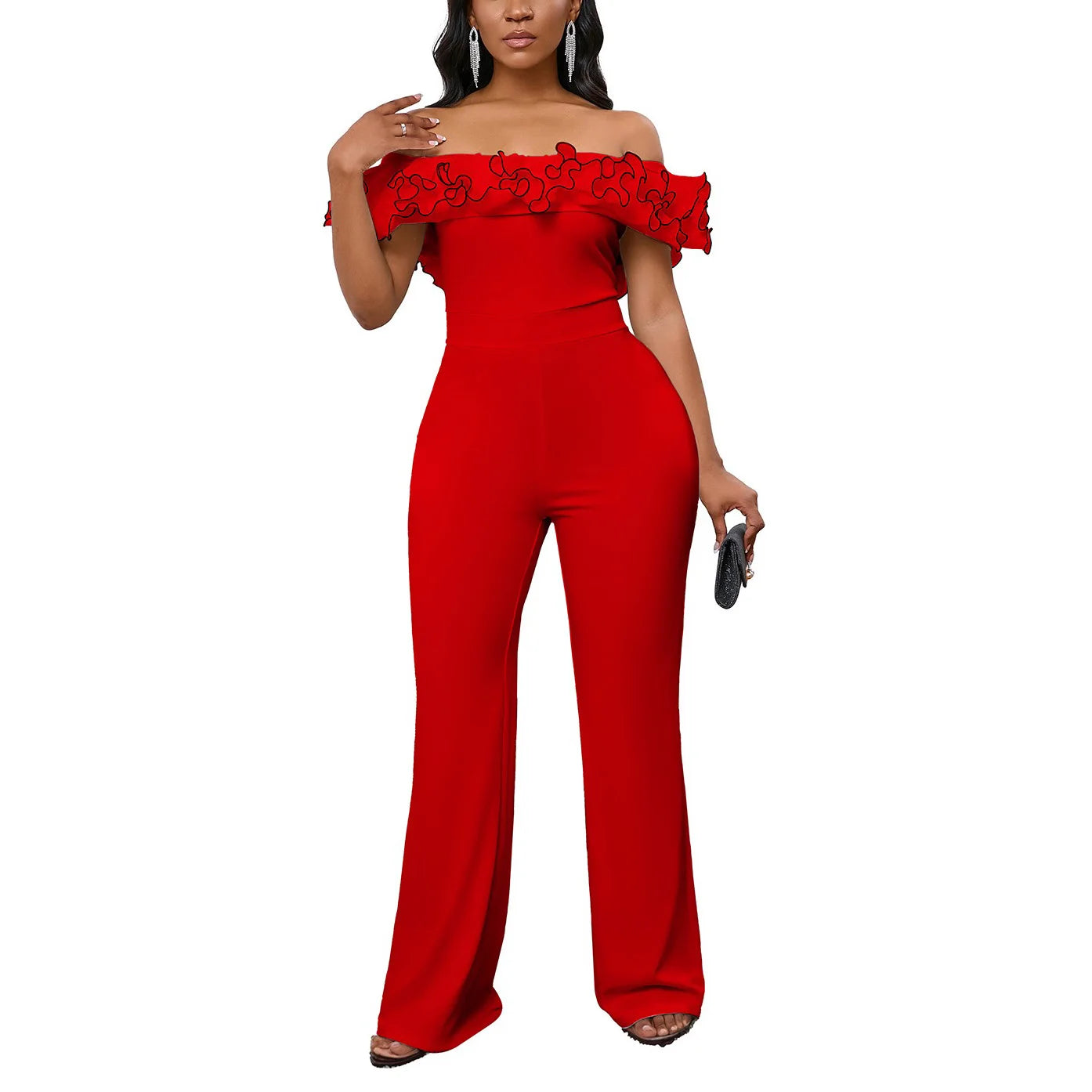 Elegant Jumpsuits Rompers 2024 New for Woman Off the Shoulder Ruffles High Waisted Straight Floor Length Birthday Party Outfits